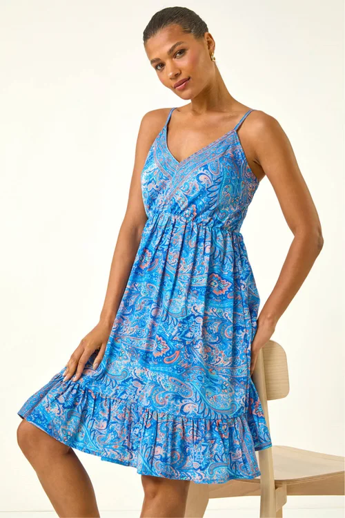 Roman Blue Paisley Print Strappy Frill Dress - 10 Image 1