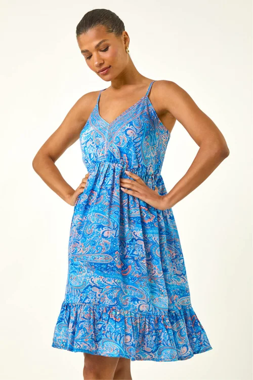Roman Blue Paisley Print Strappy Frill Dress - 10 Image 4