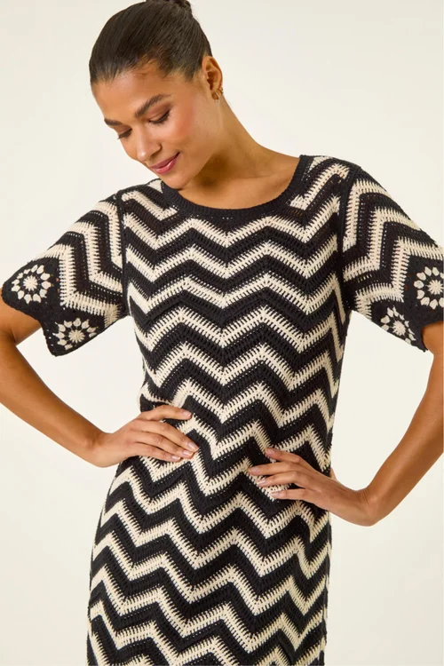 Roman Black Zig Zag Crochet Shift Dress - 20 Image 3