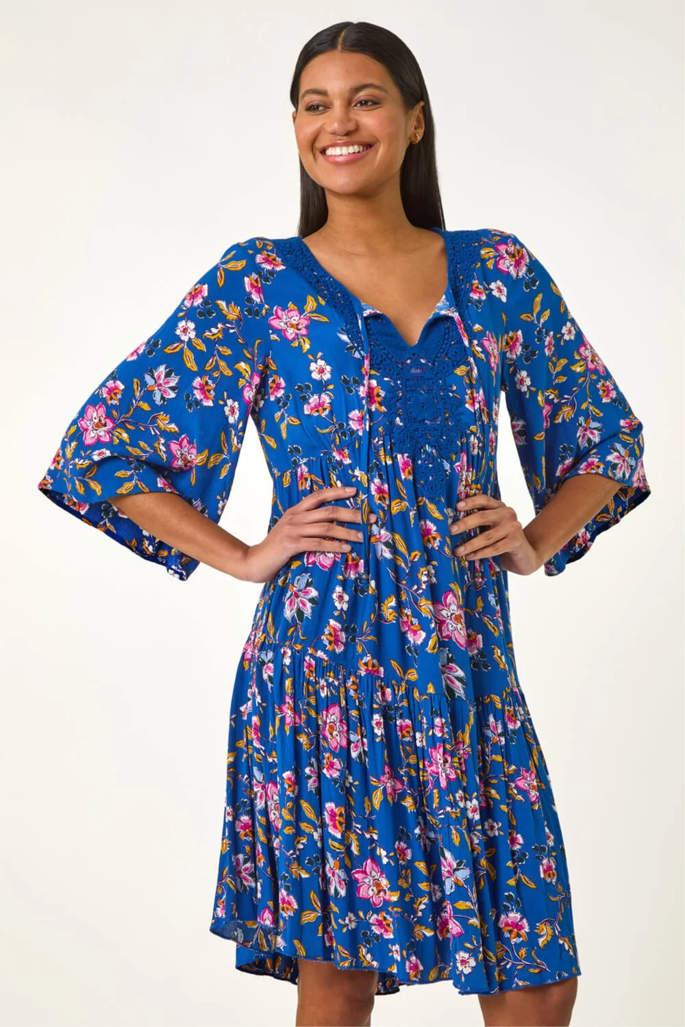 Roman Blue Floral Print Lace Detail Smock Dress - 14 Image 4