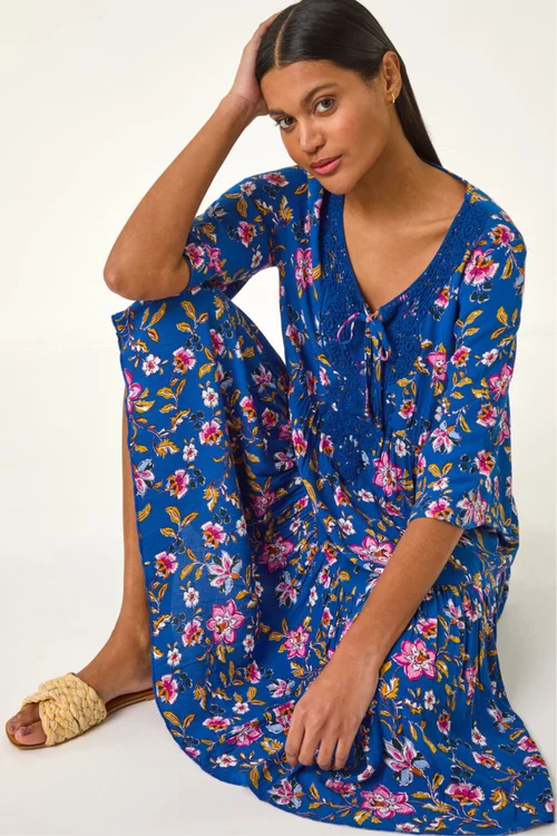 Roman Blue Floral Print Lace Detail Smock Dress - 14 Image 2