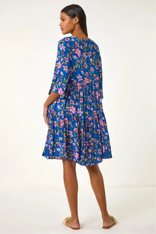 Roman Blue Floral Print Lace Detail Smock Dress - 14 Image 3