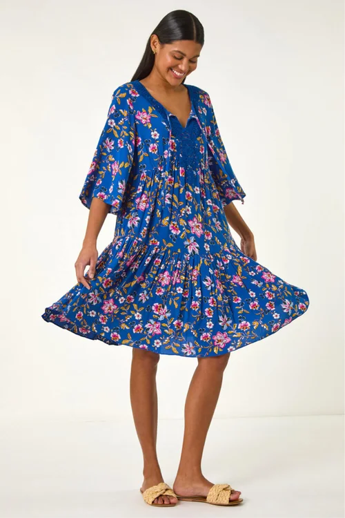 Roman Blue Floral Print Lace Detail Smock Dress - 14 Image 1
