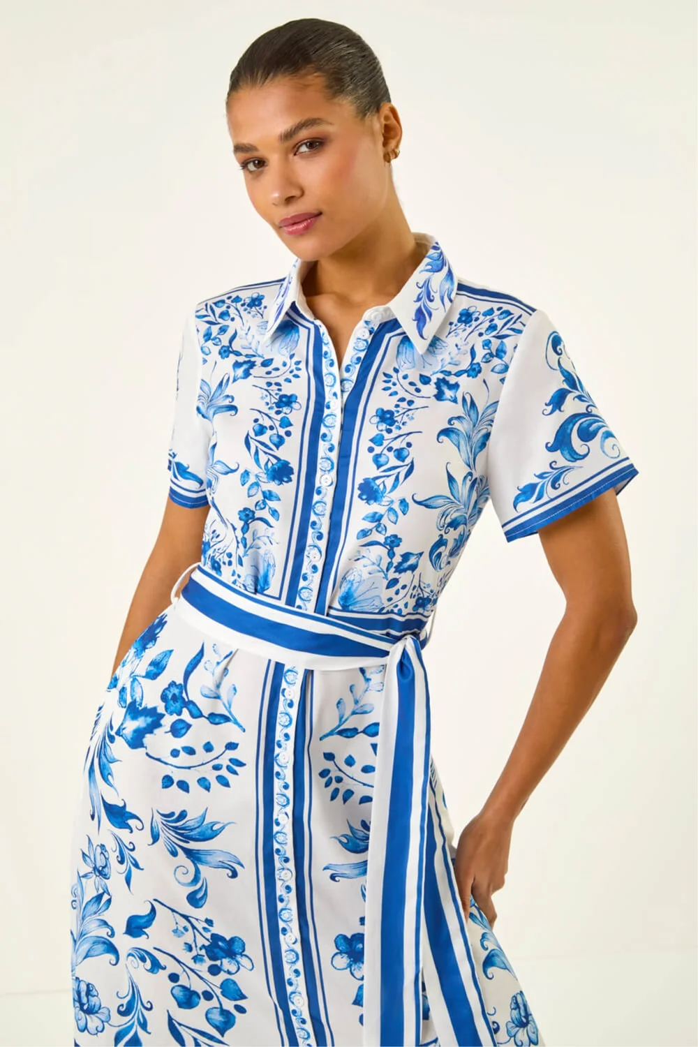 Roman Blue Floral Border Print Collared Shirt Dress - 10 Image 4