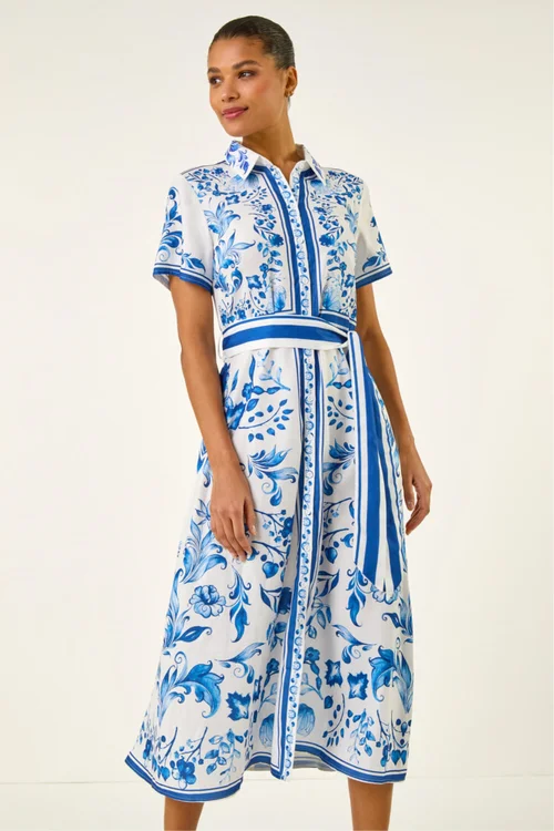 Roman Blue Floral Border Print Collared Shirt Dress - 10 Image 2