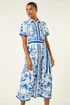 Roman Blue Floral Border Print Collared Shirt Dress - 10 Image 2