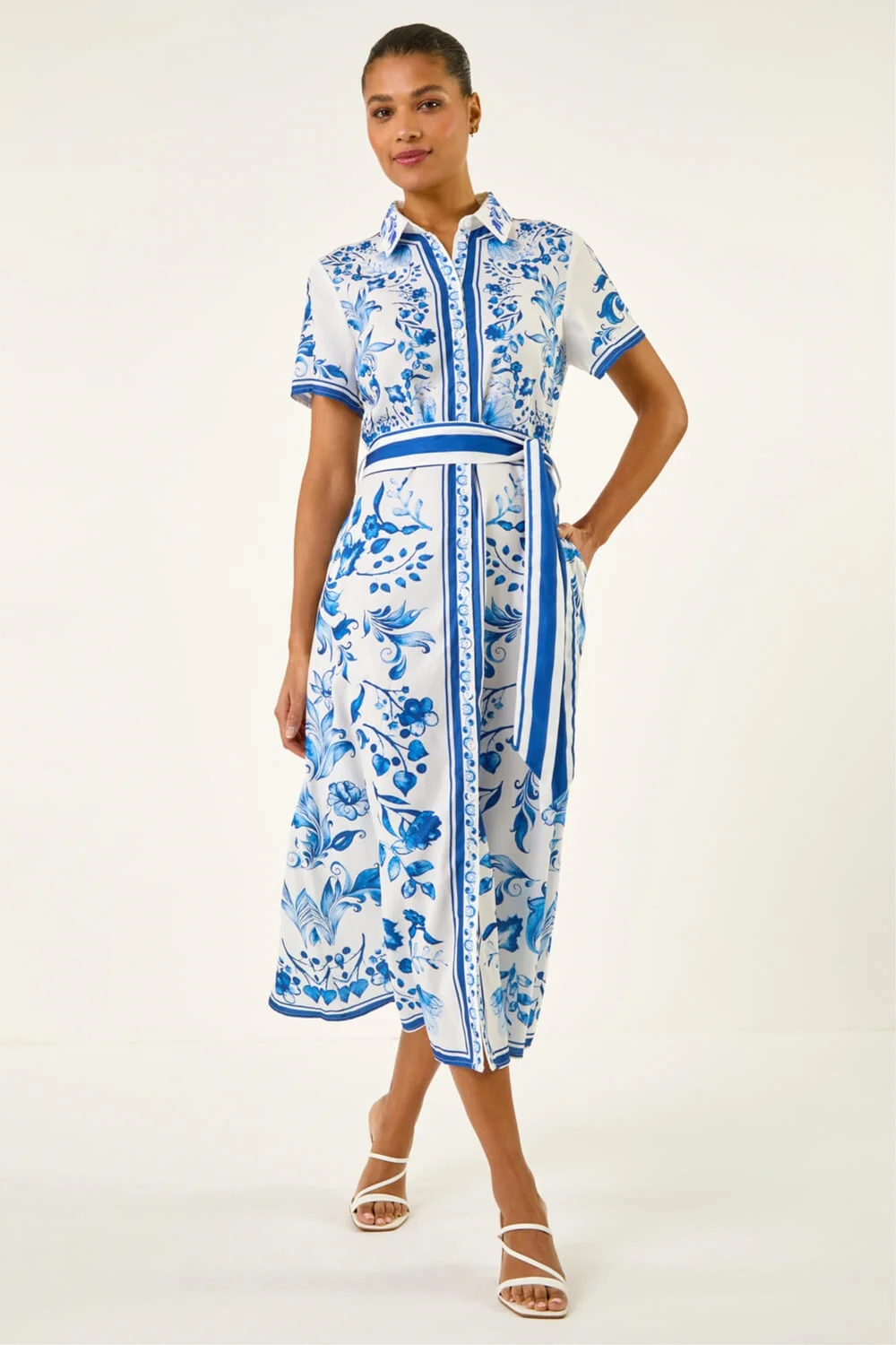 Roman Blue Floral Border Print Collared Shirt Dress - 10 Image 1