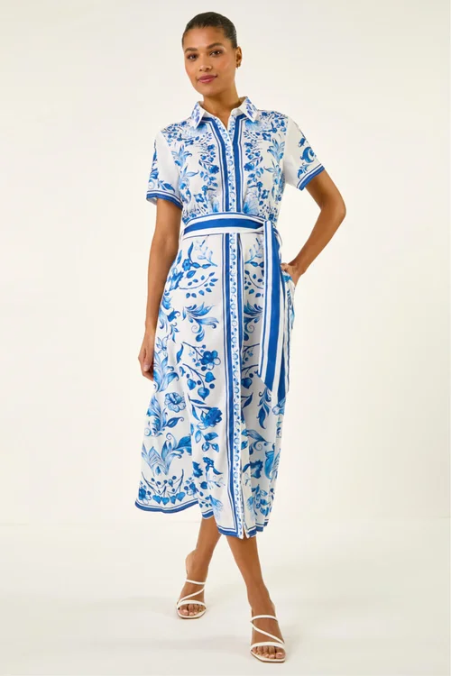 Roman Blue Floral Border Print Collared Shirt Dress - 10 Image 1