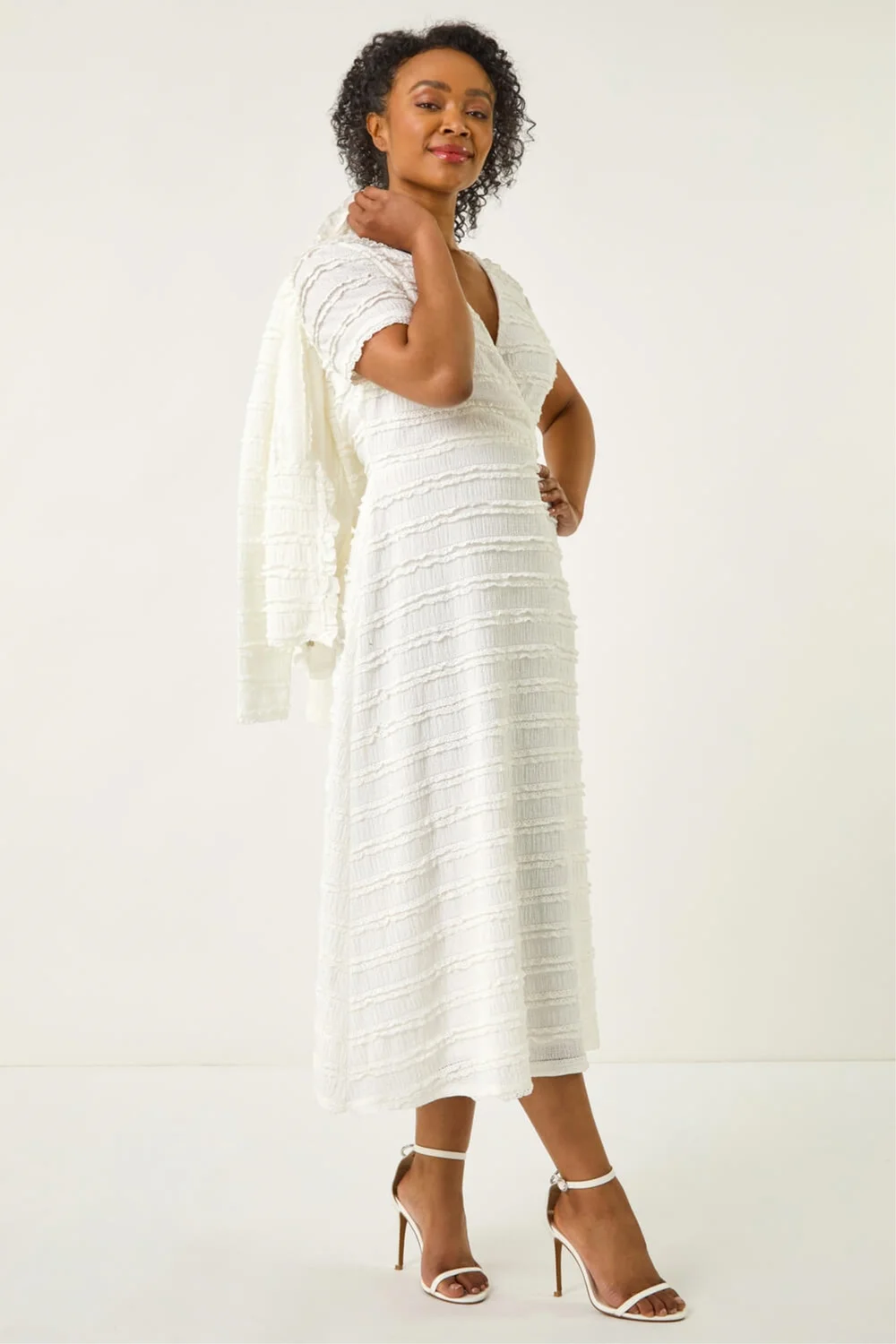 Roman White Petite Ruffle Midi Wrap Dress - 14 Image 4