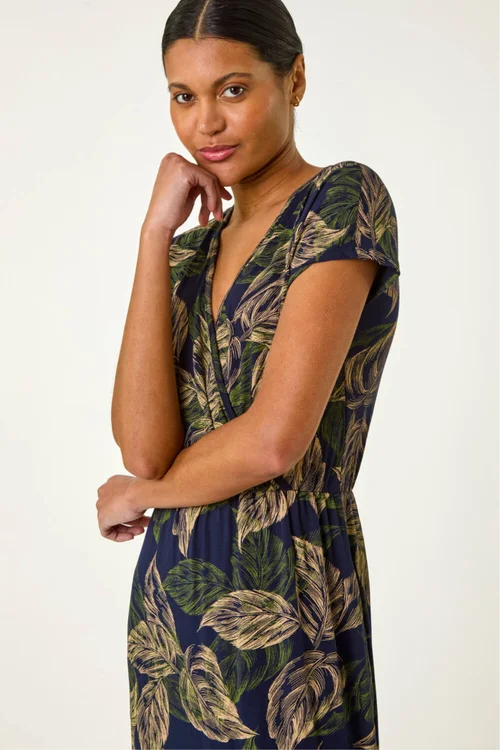 Roman Navy Leaf Print Midi Wrap Dress - 14 Image 4