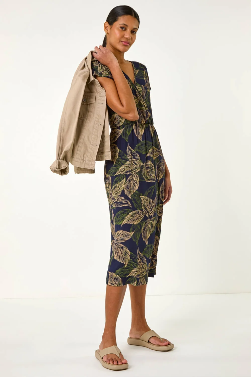 Roman Navy Leaf Print Midi Wrap Dress - 14 Image 1