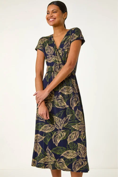 Roman Navy Leaf Print Midi Wrap Dress - 14 Image 2