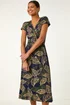 Roman Navy Leaf Print Midi Wrap Dress - 14 Image 2