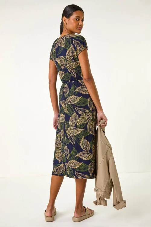 Roman Navy Leaf Print Midi Wrap Dress - 14 Image 3