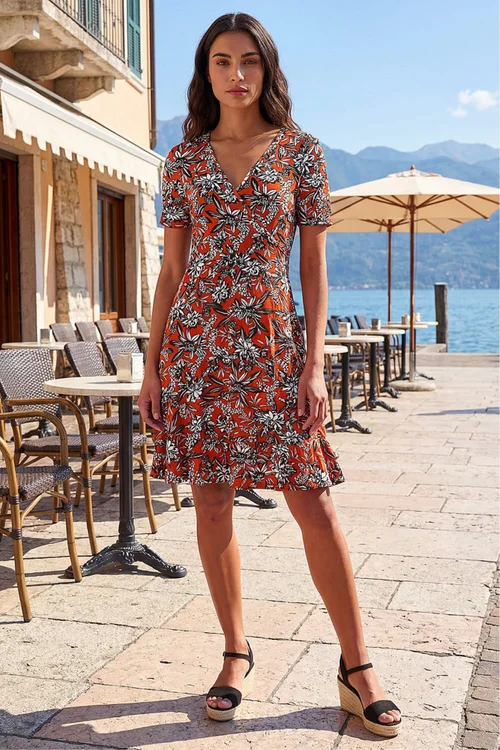 Roman Rust Floral Print V-Neck Wrap Stretch Dress - 12 Image 2