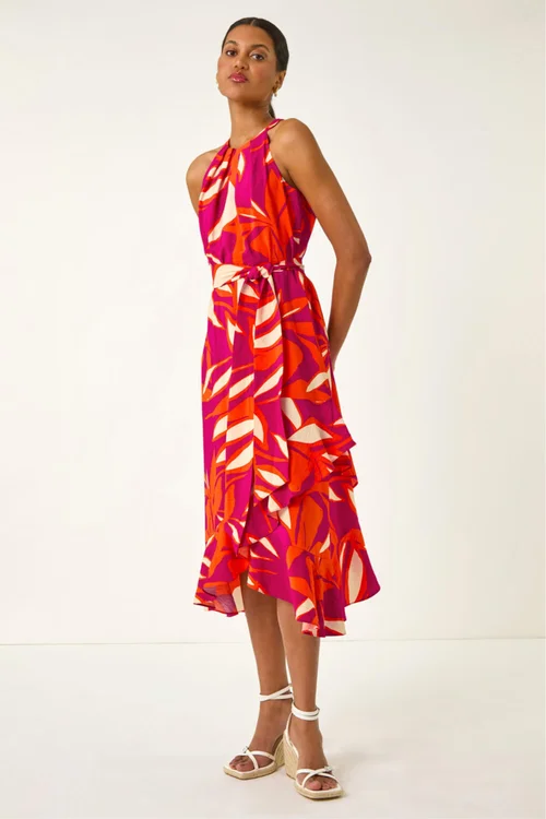 Roman Cerise Floral Print Frill Wrap Midi Dress - 20 Image 2