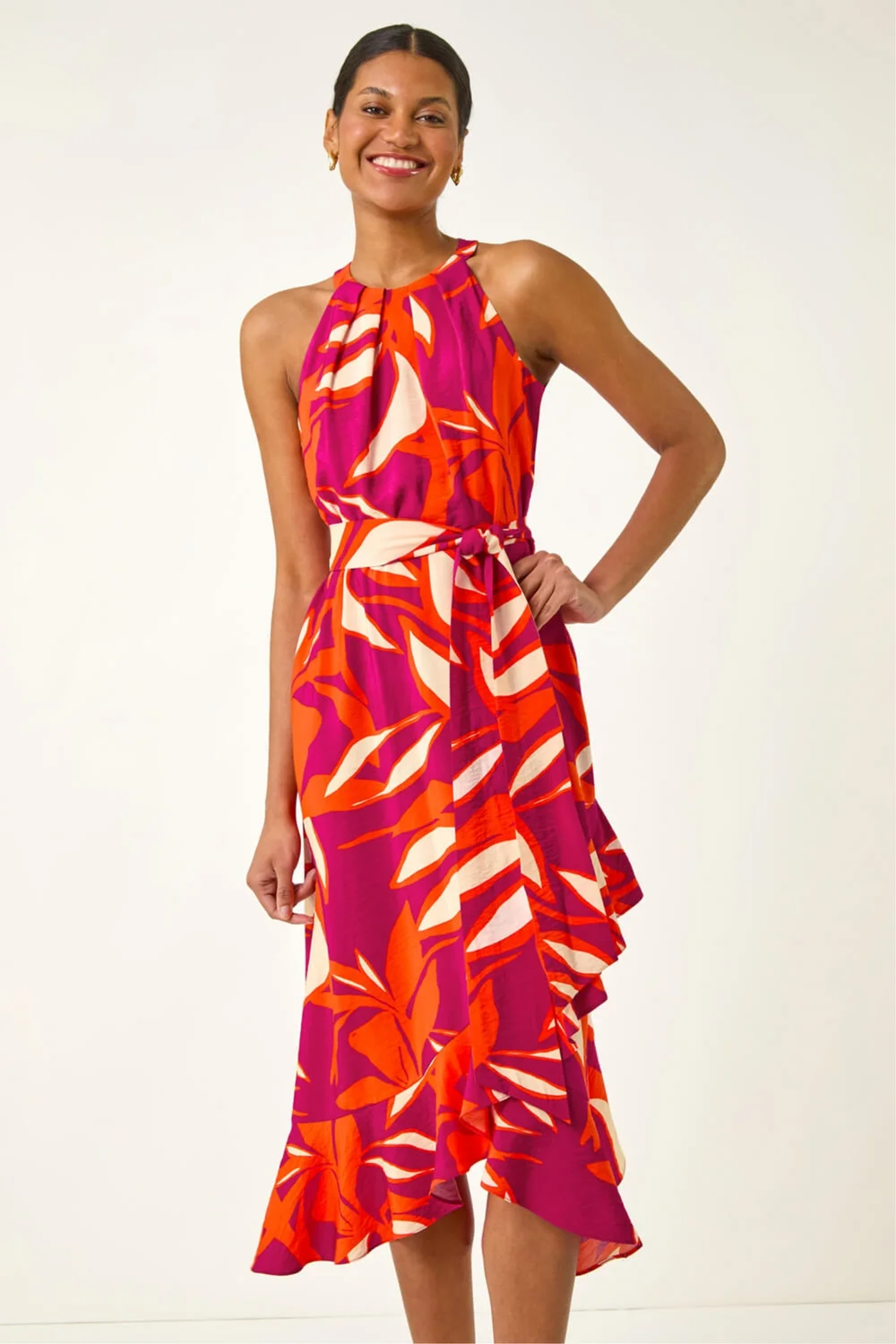 Roman Cerise Floral Print Frill Wrap Midi Dress - 20 Image 1