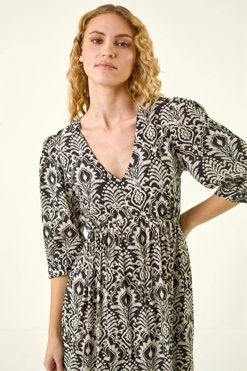 Roman Black Abstract Print V-Neck Midi Dress - 10 Image 4