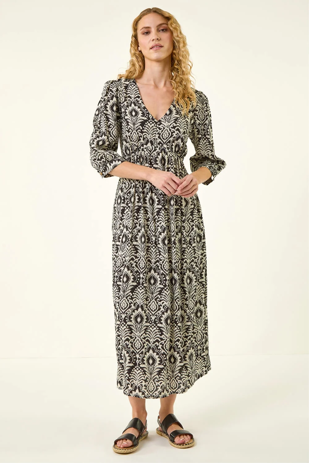 Roman Black Abstract Print V-Neck Midi Dress - 10 Image 2