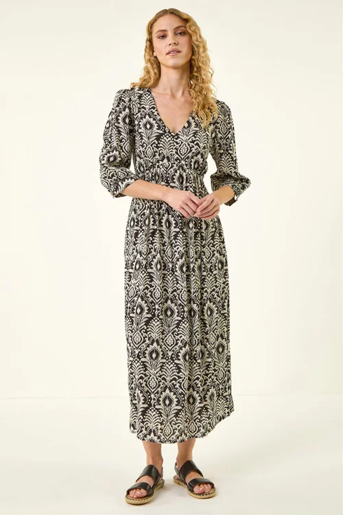 Roman Black Abstract Print V-Neck Midi Dress - 10 Image 2