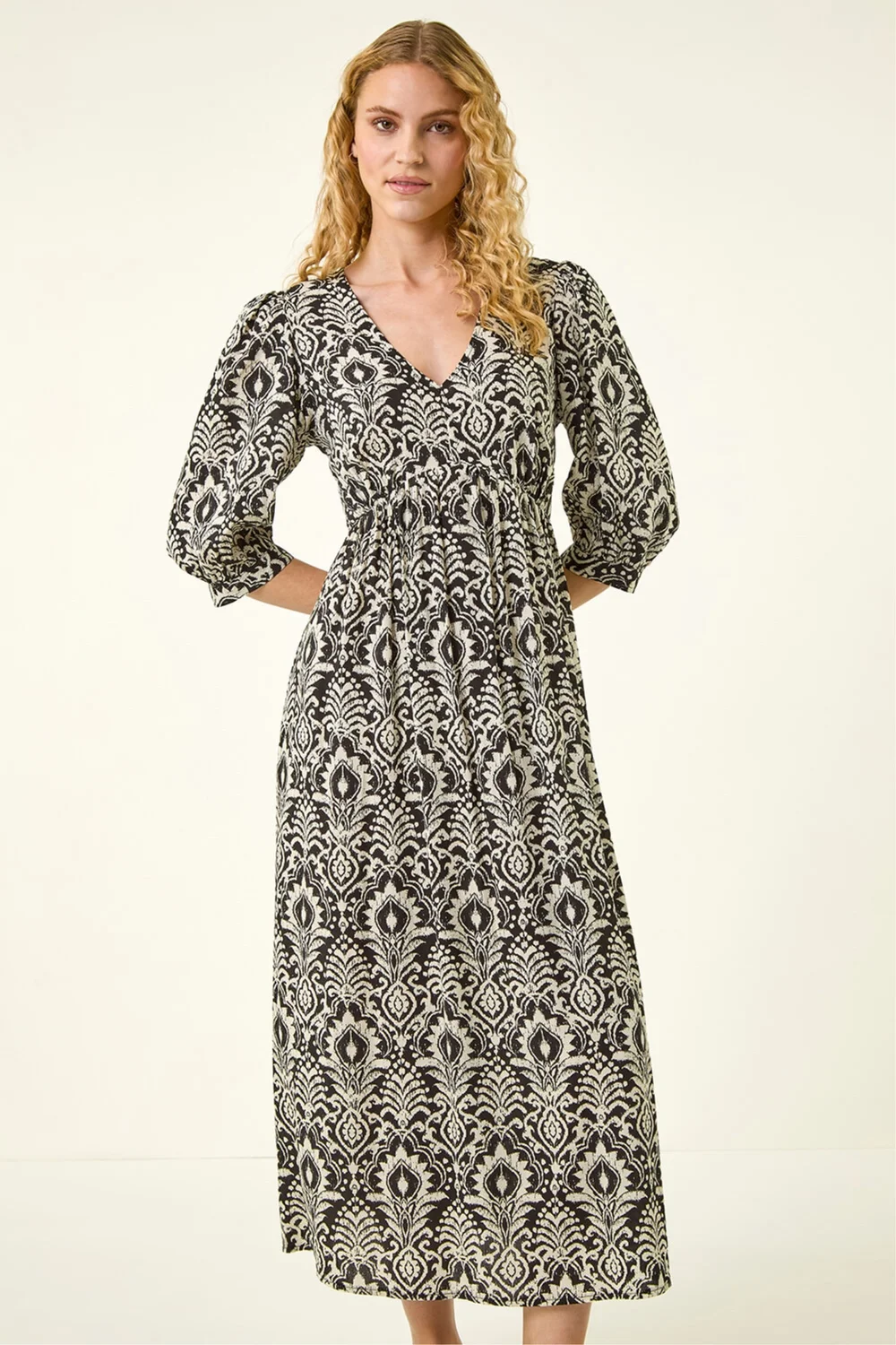 Roman Black Abstract Print V-Neck Midi Dress - 10 Image 1