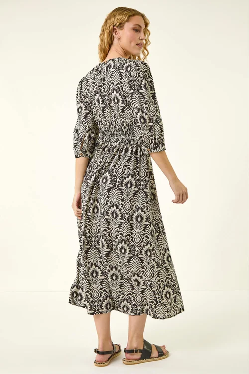 Roman Black Abstract Print V-Neck Midi Dress - 10 Image 3