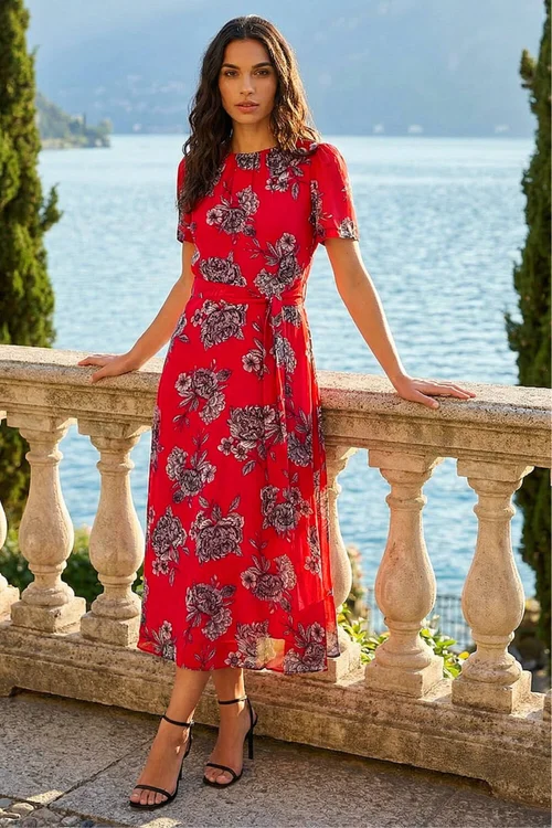 Roman Red Floral Print Pleat Neck Midi Dress - 12 Image 1