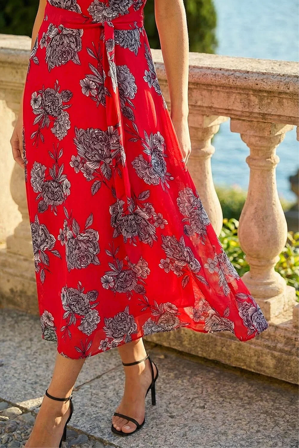 Roman Red Floral Print Pleat Neck Midi Dress - 12 Image 4