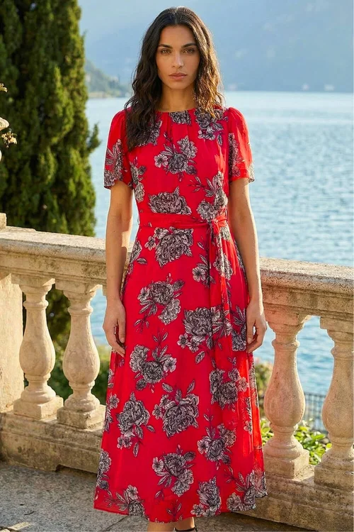 Roman Red Floral Print Pleat Neck Midi Dress - 12 Image 2