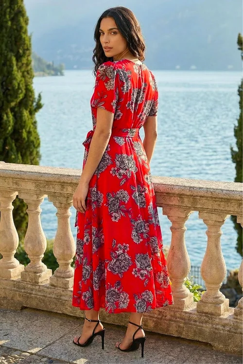 Roman Red Floral Print Pleat Neck Midi Dress - 12 Image 3