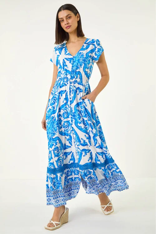 Roman Blue Border Print Button Dress - 12 Image 2