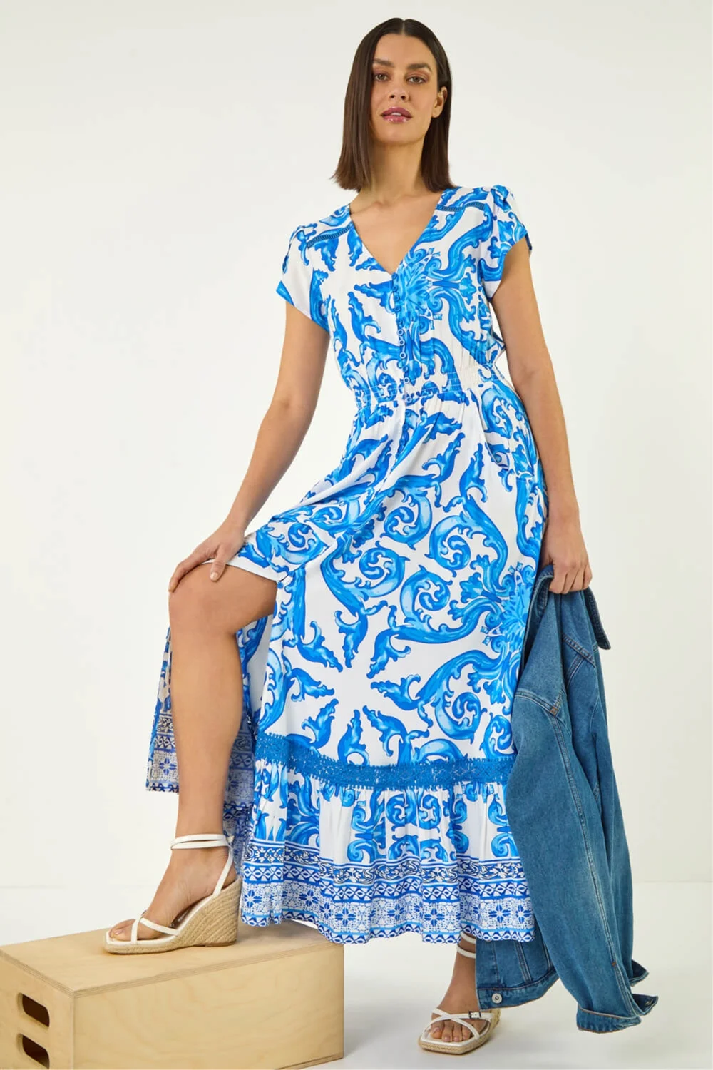 Roman Blue Border Print Button Dress - 12 Image 1
