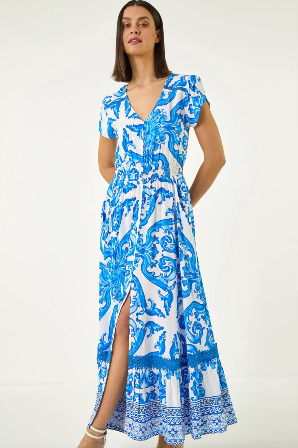 Roman Blue Border Print Button Dress - 12 Image 4