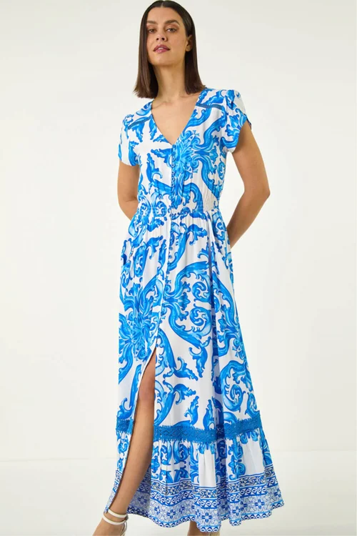 Roman Blue Border Print Button Dress - 12 Image 4
