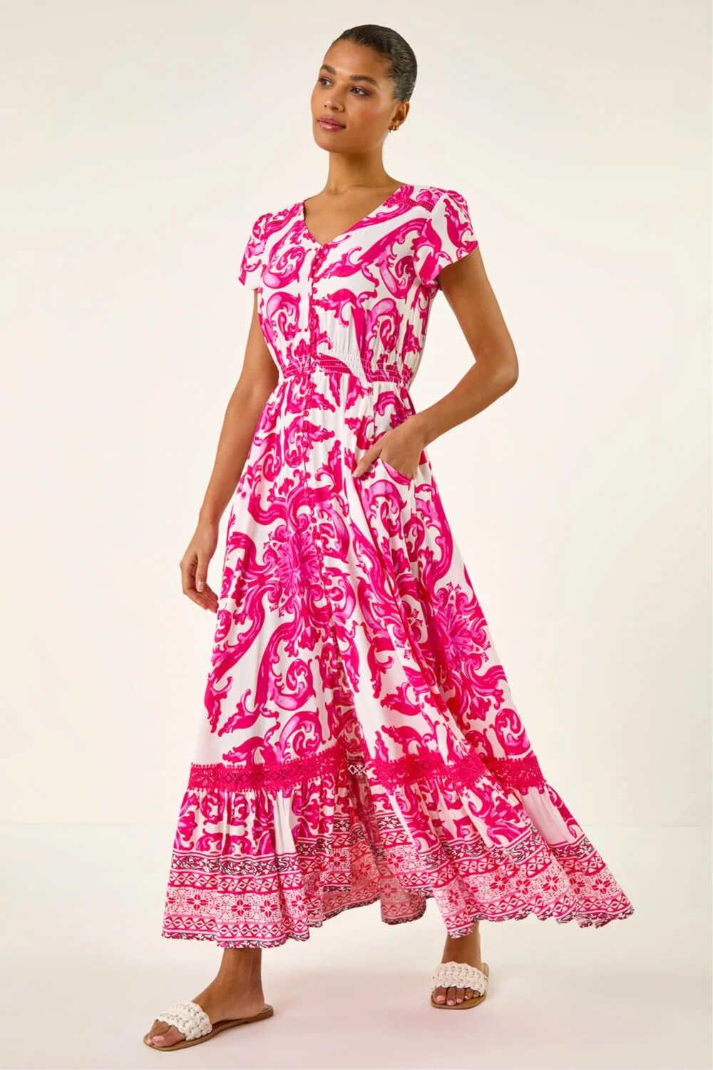 Roman Pink Border Print Button Dress - 20 Image 2