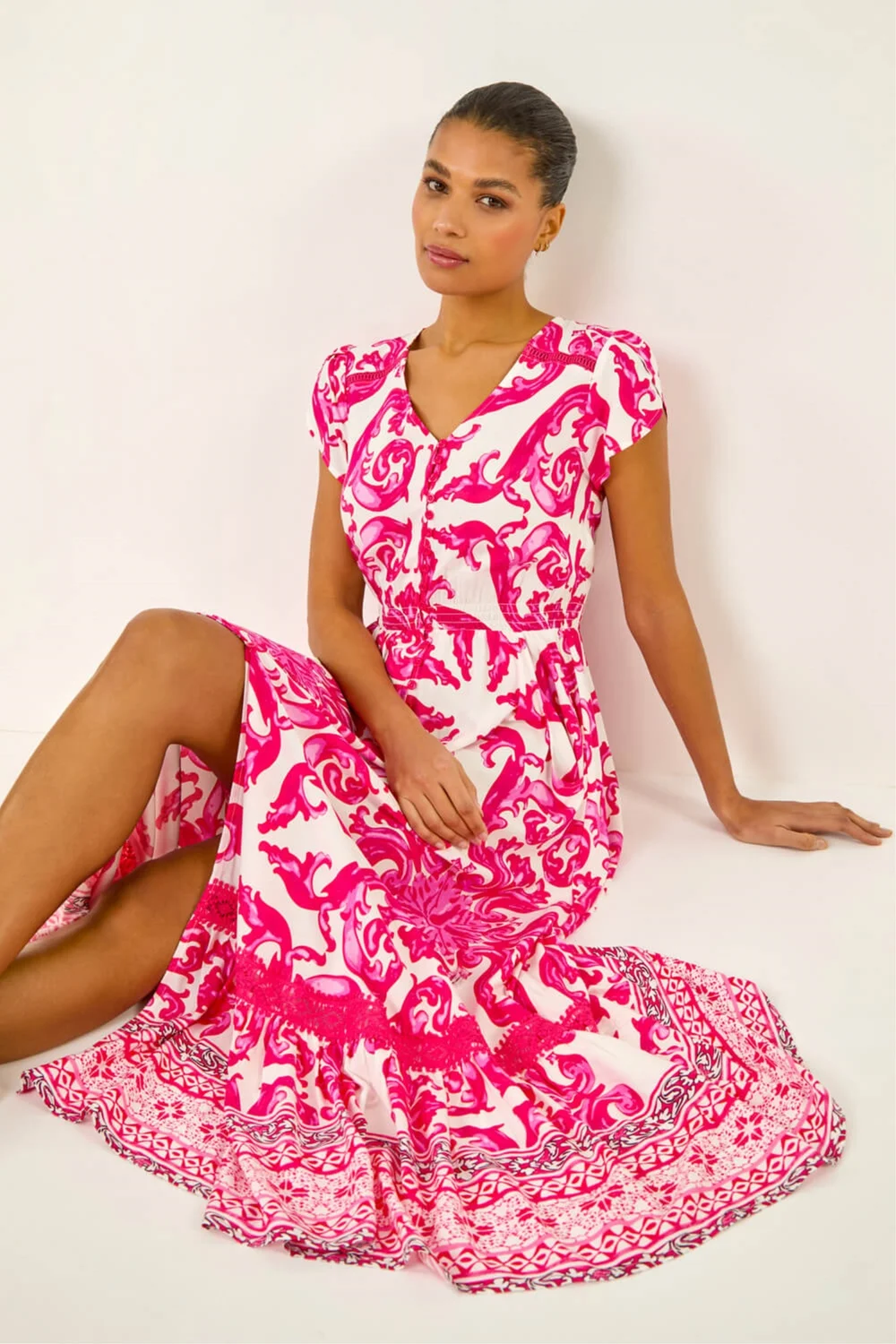 Roman Pink Border Print Button Dress - 20 Image 1