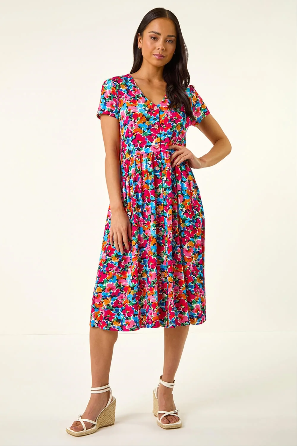 Roman Pink Petite Floral Button Pocket Dress - 12 Image 2