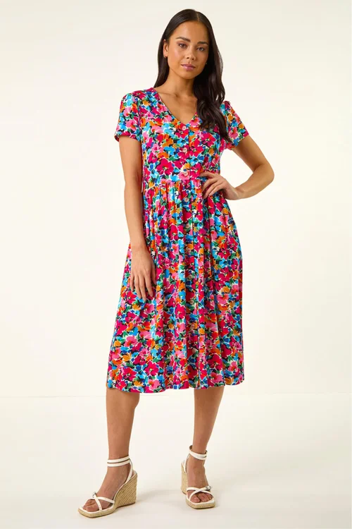 Roman Pink Petite Floral Button Pocket Dress - 12 Image 2