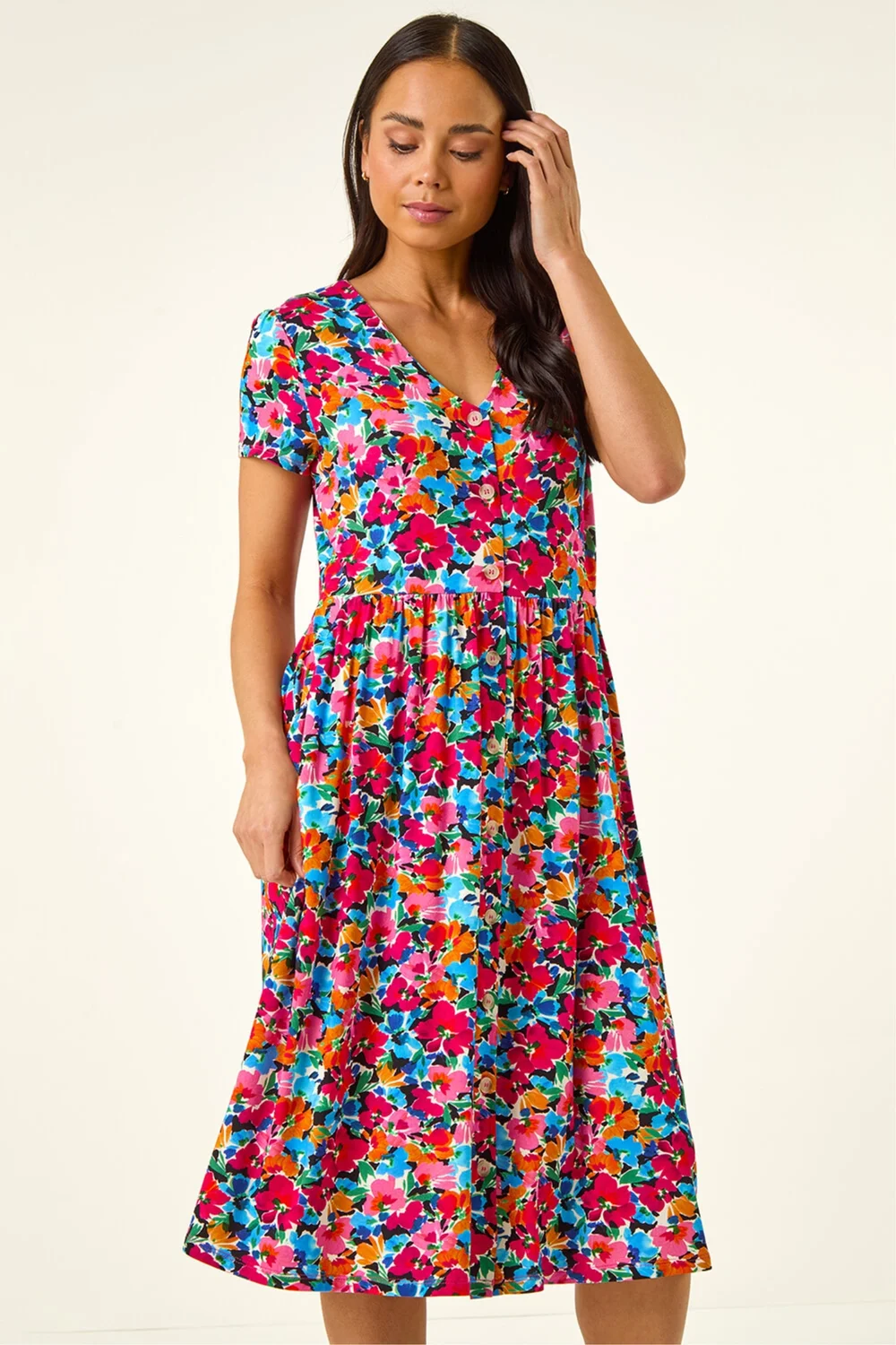 Roman Pink Petite Floral Button Pocket Dress - 12 Image 4