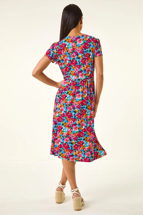 Roman Pink Petite Floral Button Pocket Dress - 12 Image 3