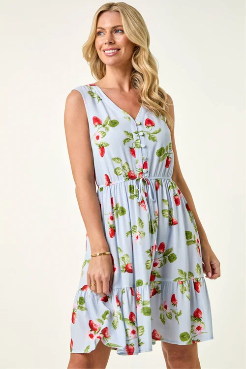 Roman Blue Petite Strawberry Tie Waist Dress - 16 Image 1