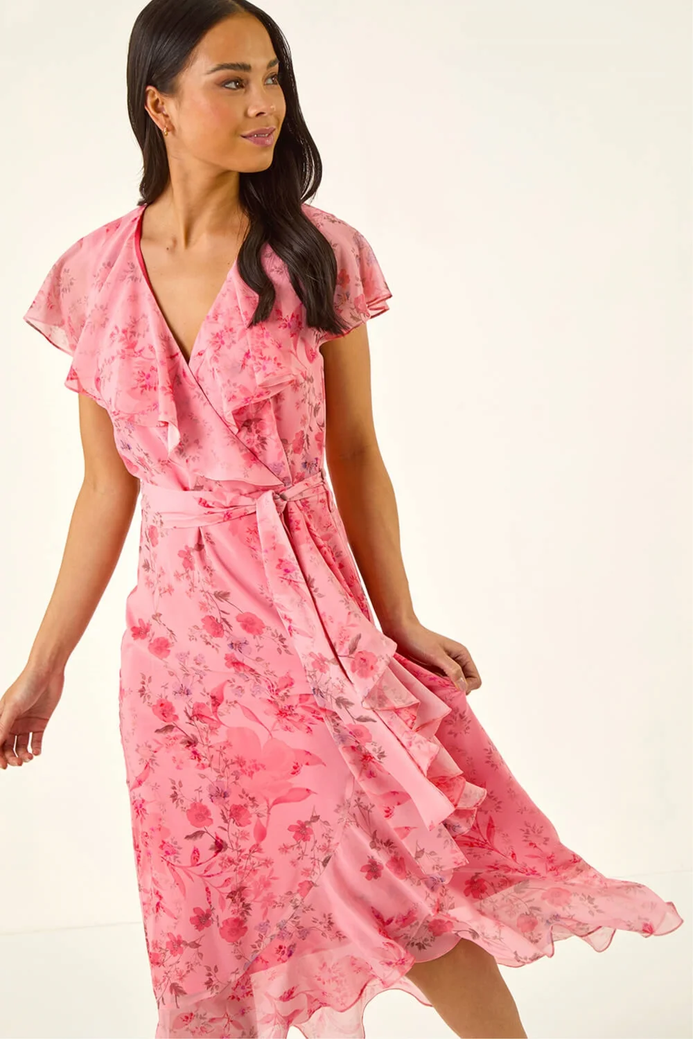 Roman Coral Petite Floral Frill Midi Dress - 10 Image 1