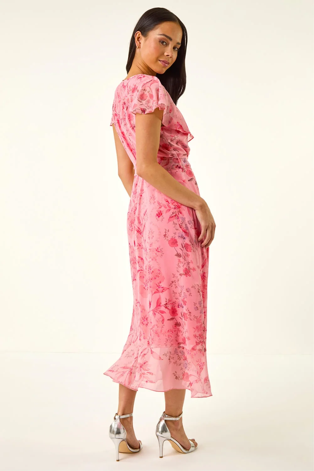Roman Coral Petite Floral Frill Midi Dress - 10 Image 3