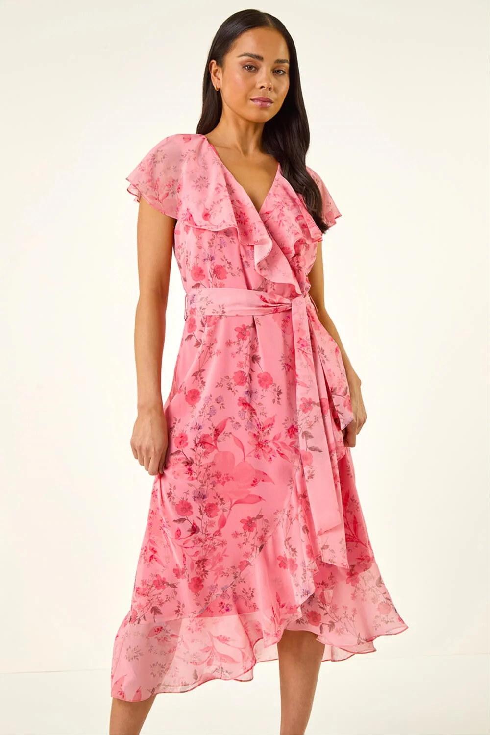 Roman Coral Petite Floral Frill Midi Dress - 10 Image 4