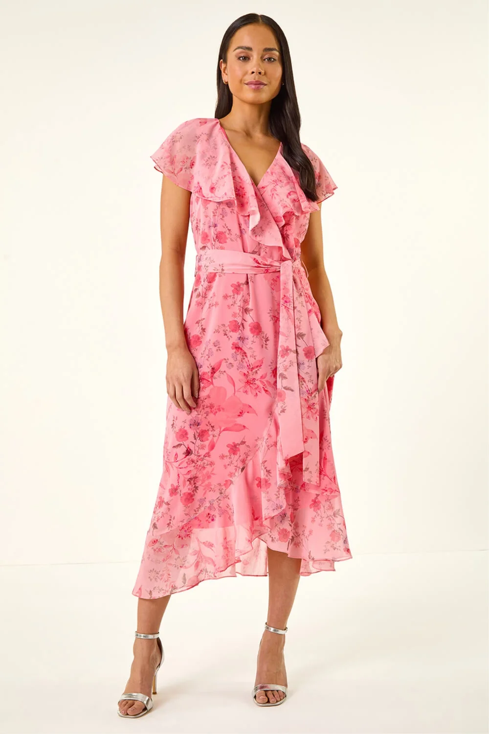 Roman Coral Petite Floral Frill Midi Dress - 10 Image 2