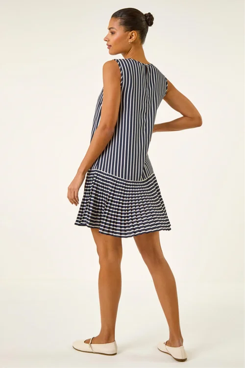 Roman Navy Stripe Print Pleated A-Line Dress - 14 Image 3