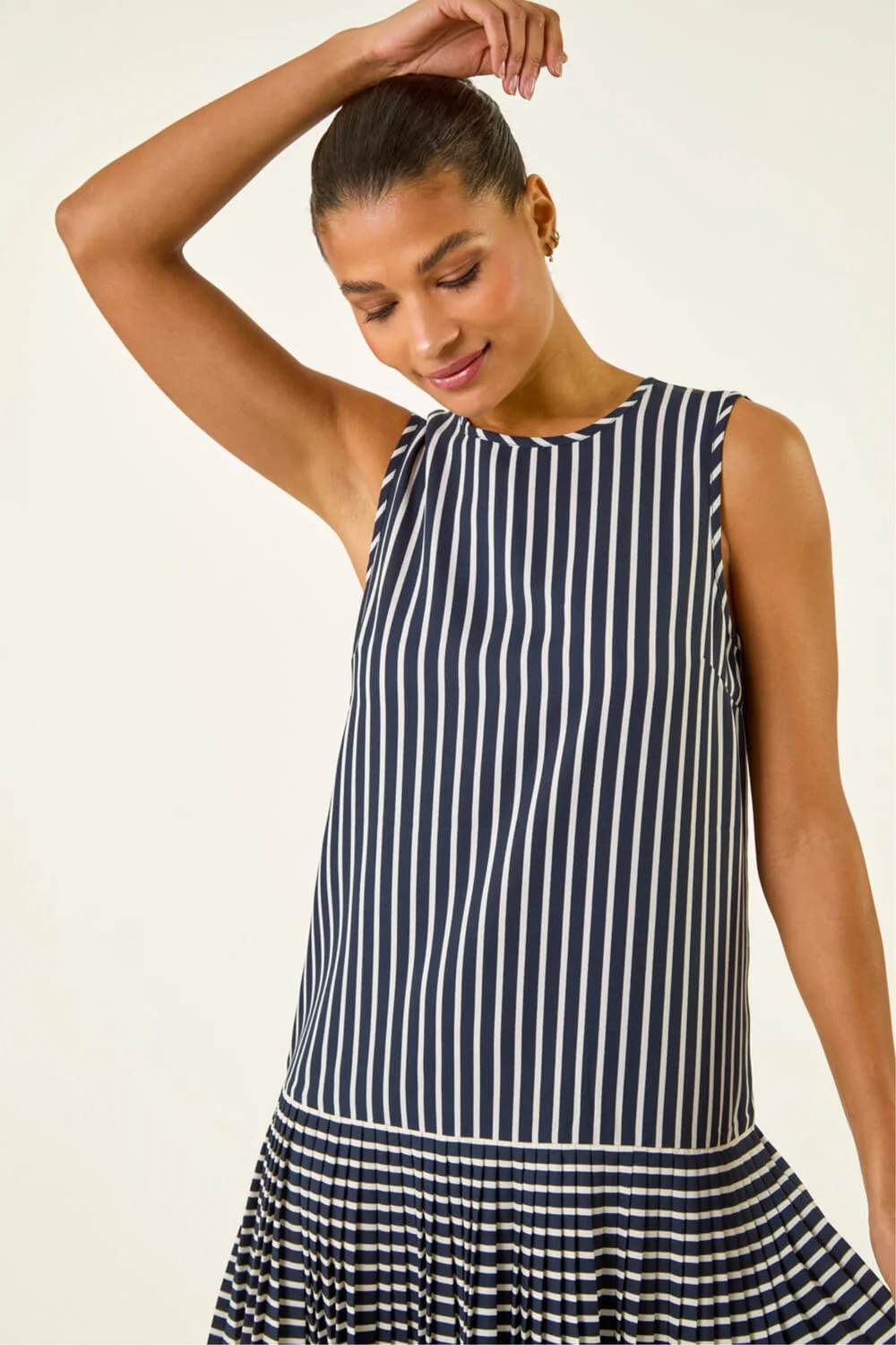 Roman Navy Stripe Print Pleated A-Line Dress - 14 Image 4