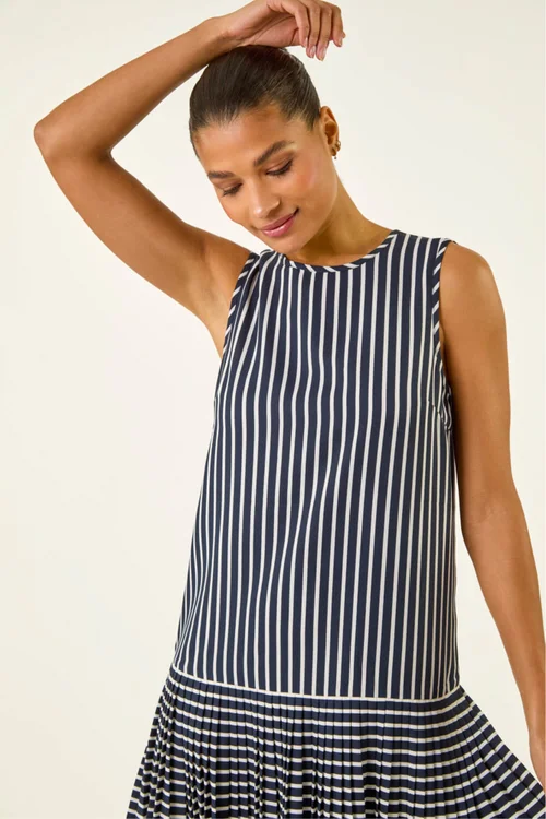 Roman Navy Stripe Print Pleated A-Line Dress - 14 Image 4