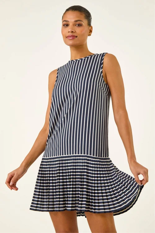 Roman Navy Stripe Print Pleated A-Line Dress - 14 Image 1
