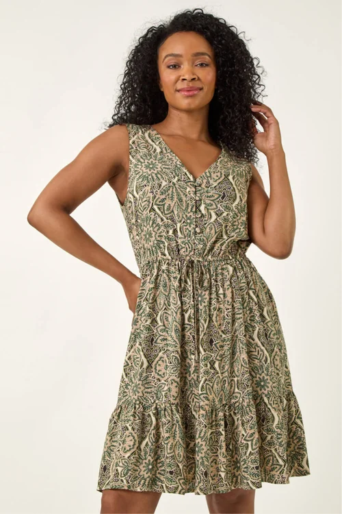 Roman Stone Petite Paisley Tie Waist Dress - 14 Image 1